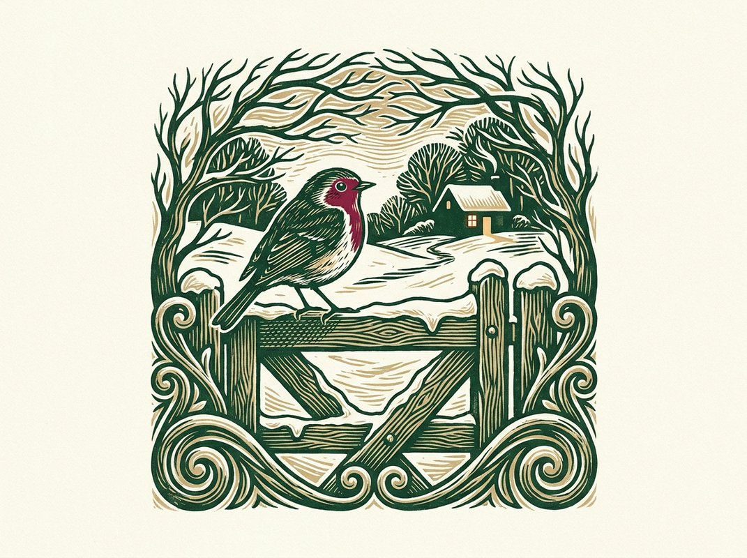 A line-art illustration of an adult reading from an open book to a child by firelight, in a woodcut style