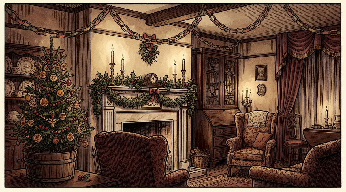 A woodcut-style illustration of a Victorian parlour at Christmas, showing a decorated tree, a hung stocking and holly on the mantelpiece.