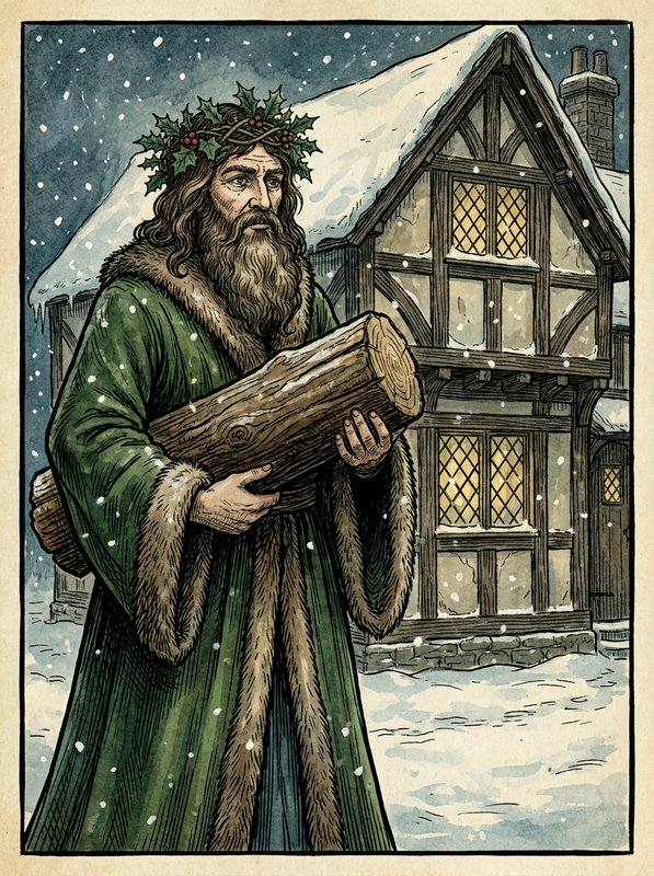 A woodcut-style illustration of an old bearded man in a long robe, crowned with holly and ivy, holding a wassail bowl.