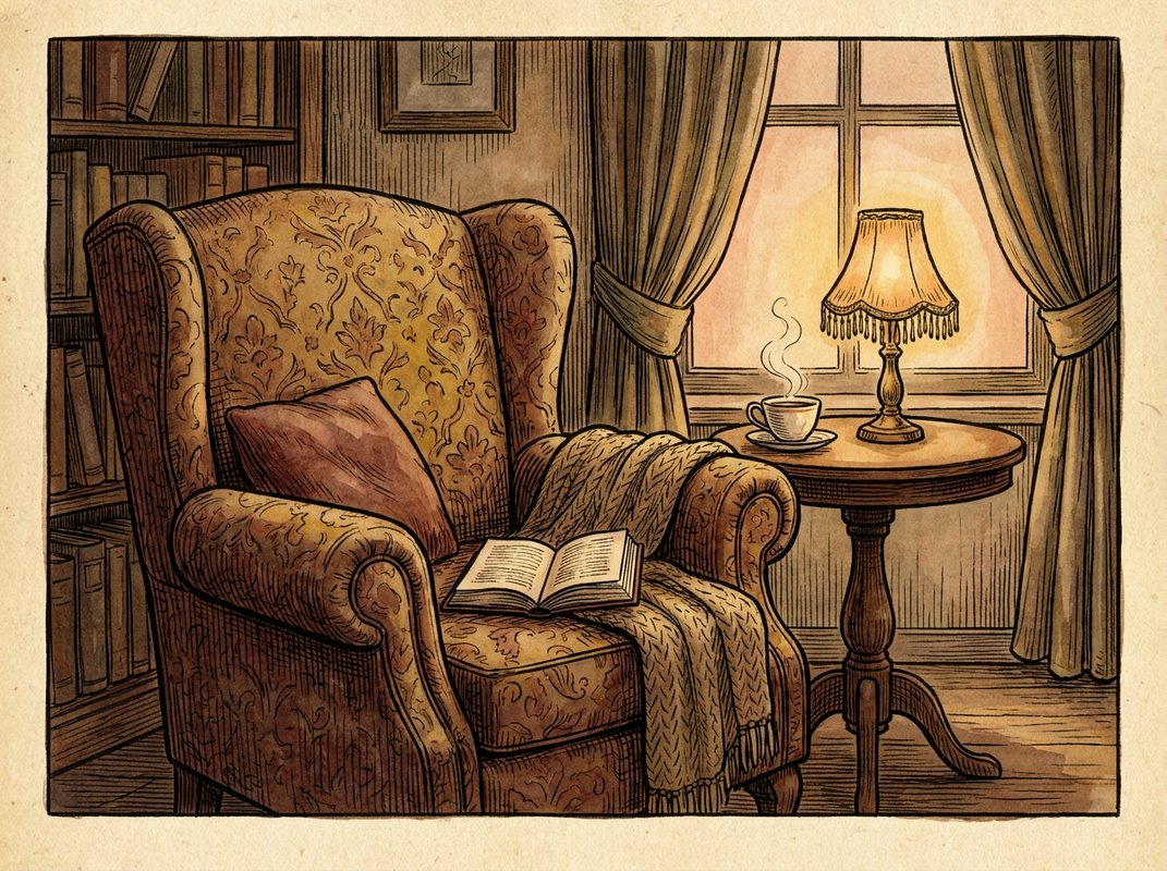 A line-art illustration of an adult reading from an open book to a child by firelight, in a woodcut style