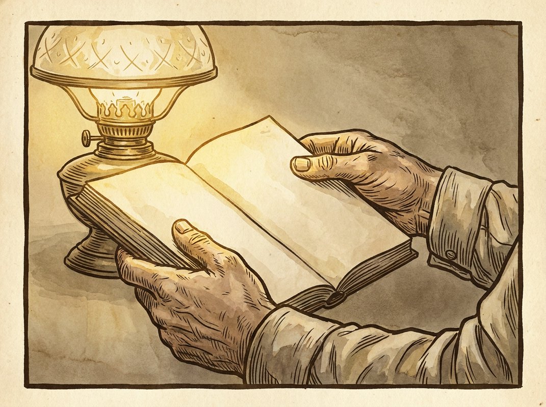 A woodcut-style illustration of an adult reading a picture book aloud to a child by lamplight, both faces turned toward the page.
