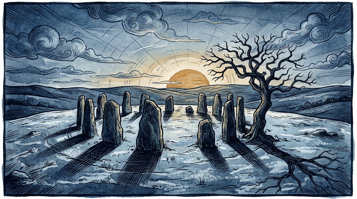 Line art of a bonfire burning in an open winter field at dusk, bare trees around it and smoke rising against a darkening sky.
