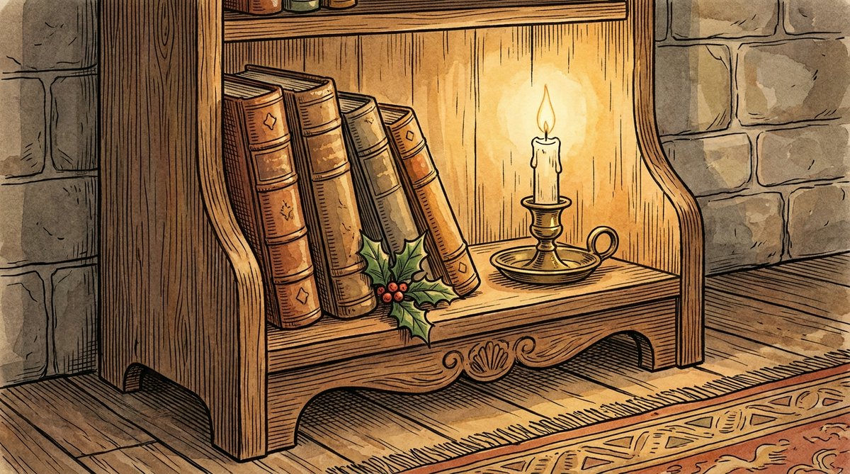 A woodcut-style illustration of an open storybook resting beside a small clock and a lit candle.