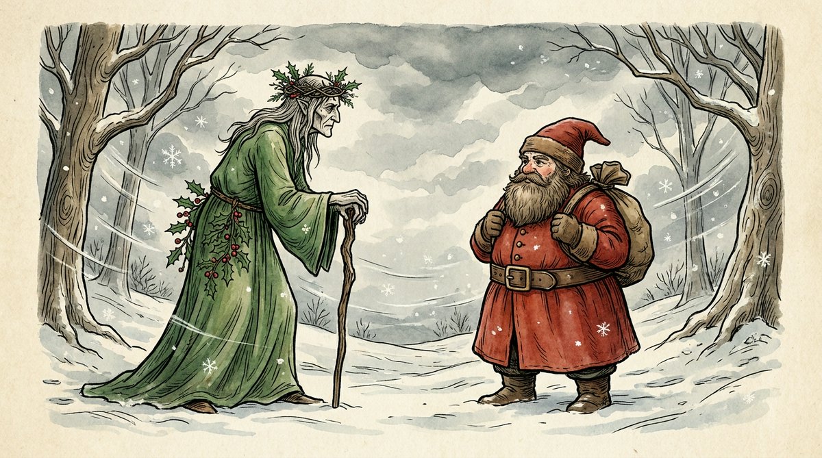 Two facing woodcut-style figures, an older robed Father Christmas on one side and a red-suited Santa Claus on the other, separated by a plain vertical line